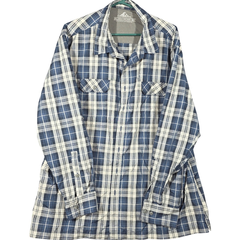 Croft‎ Barrow Quick-Dry Mens Button Up Shirt 2XL Blue Plaid Flap Pockets Vented
